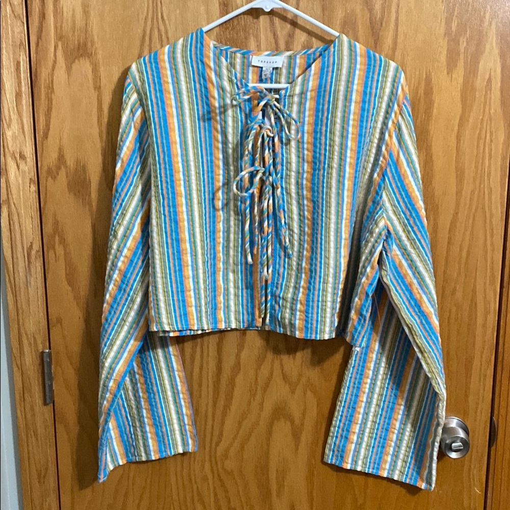 Topshop Striped Crop Tie Front Blouse